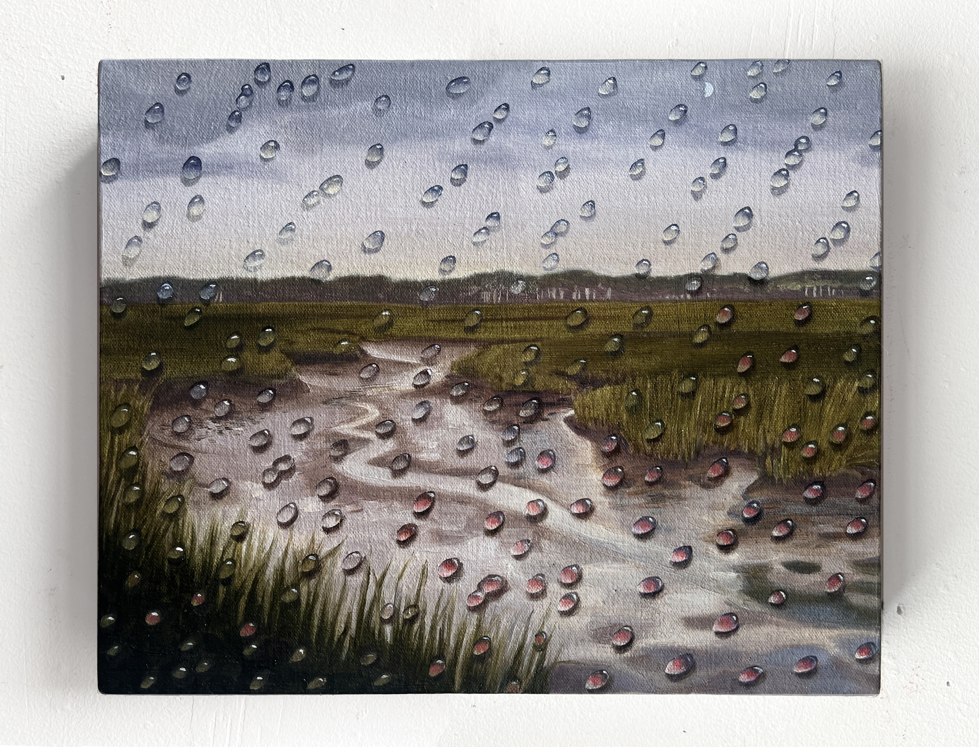 It Rained On My Canvas, 10x12 2023 <br>en plein air oil and iridescent mica particles on canvas<br>